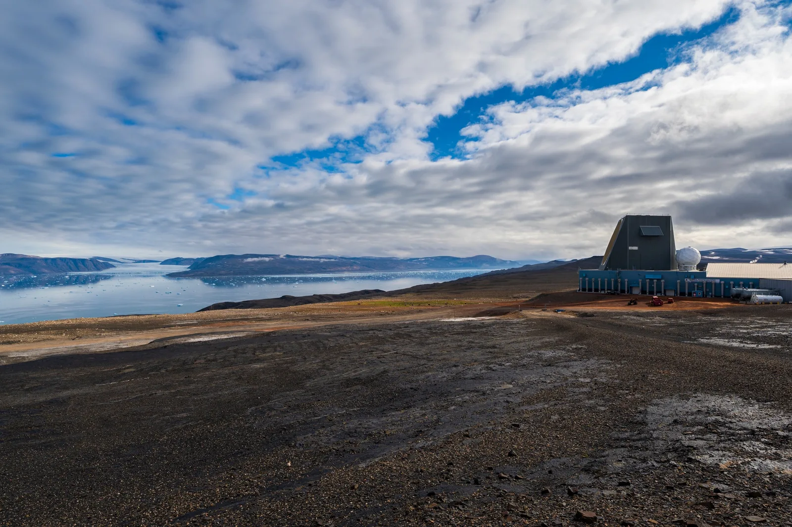 The early-warning radar at Thule overlooking a Greenland fjord.