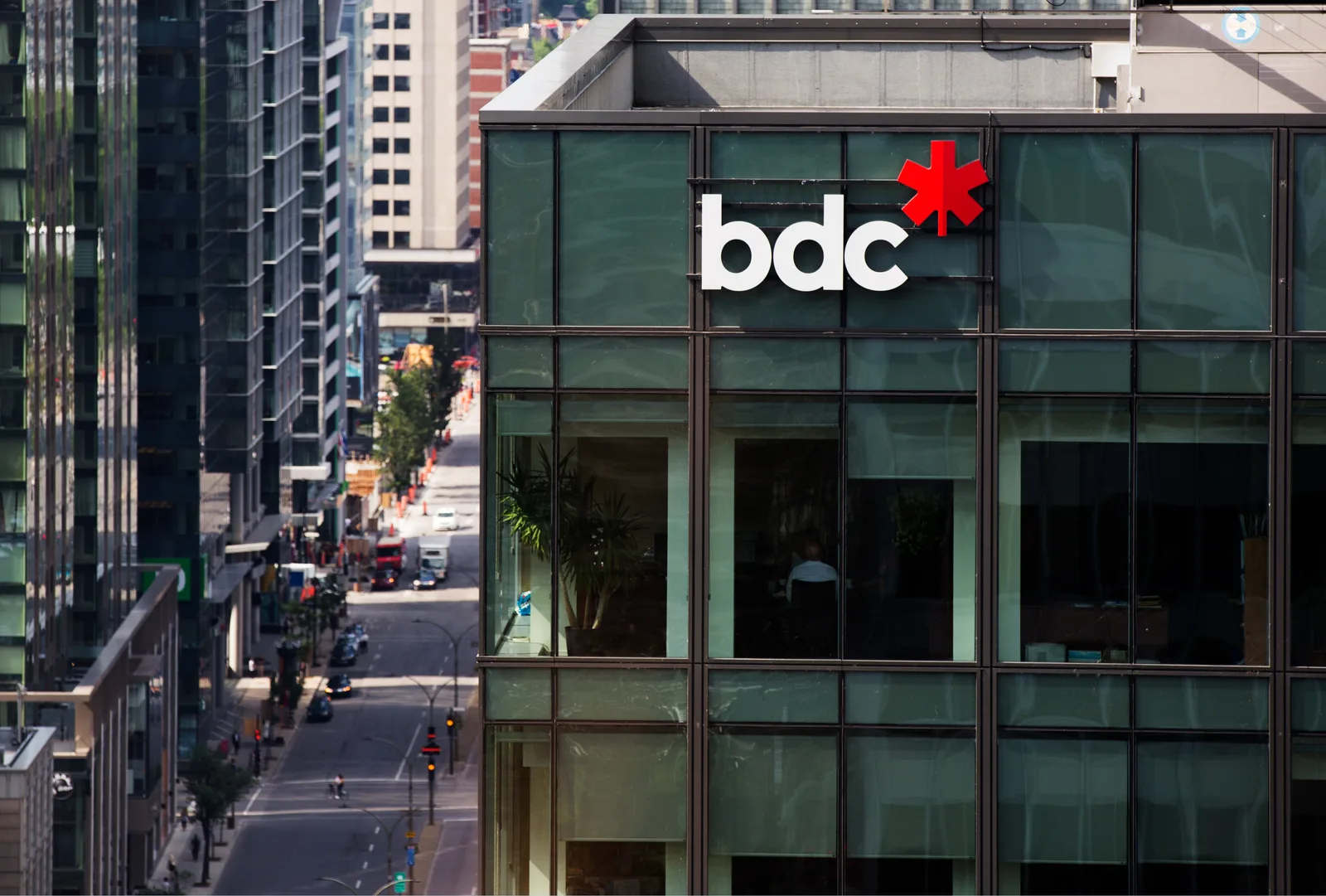 BDC lettering on the glass exterior of its Montreal head office.