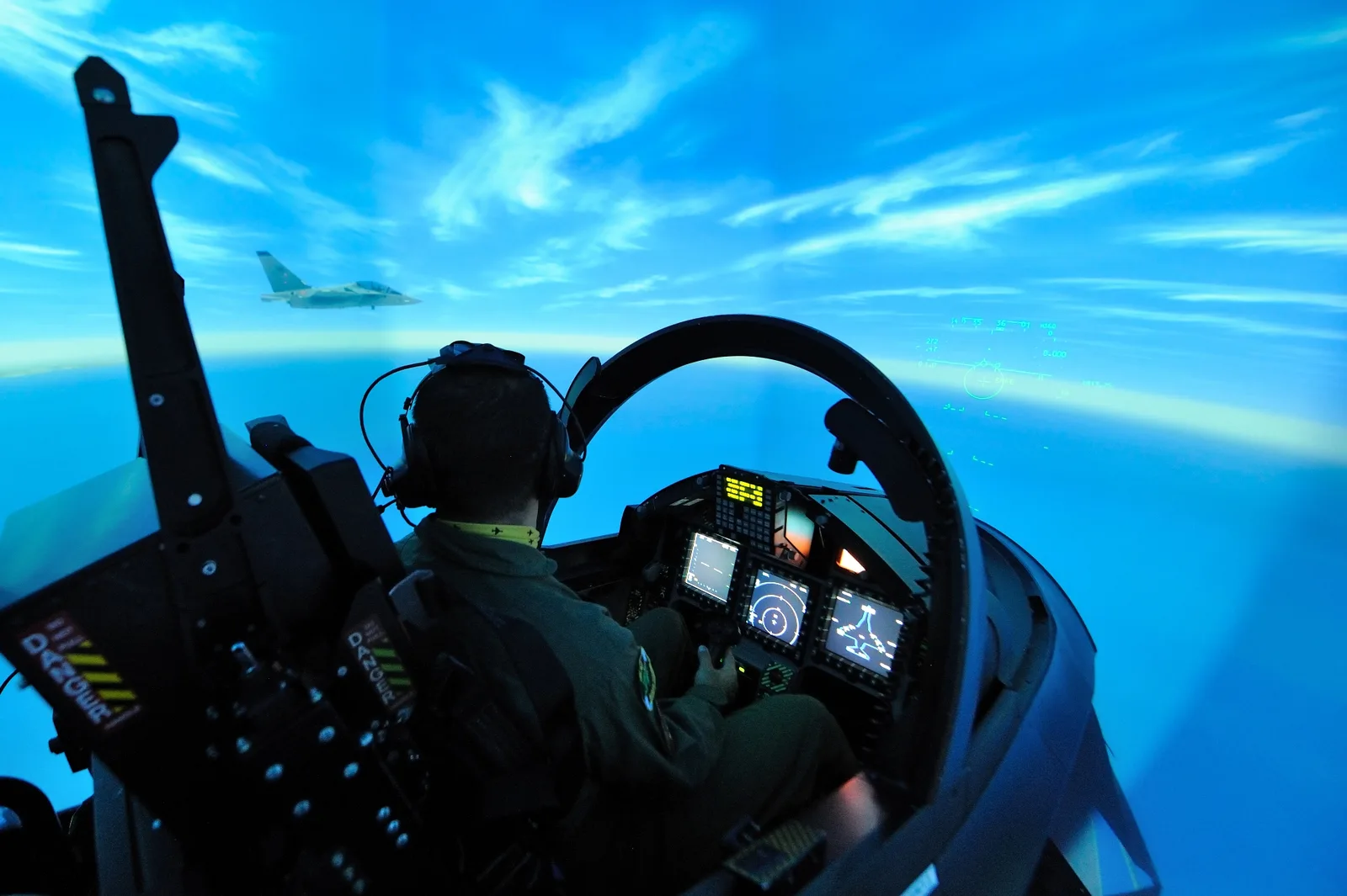 A trainee in a CAE M-346 full-mission simulator.