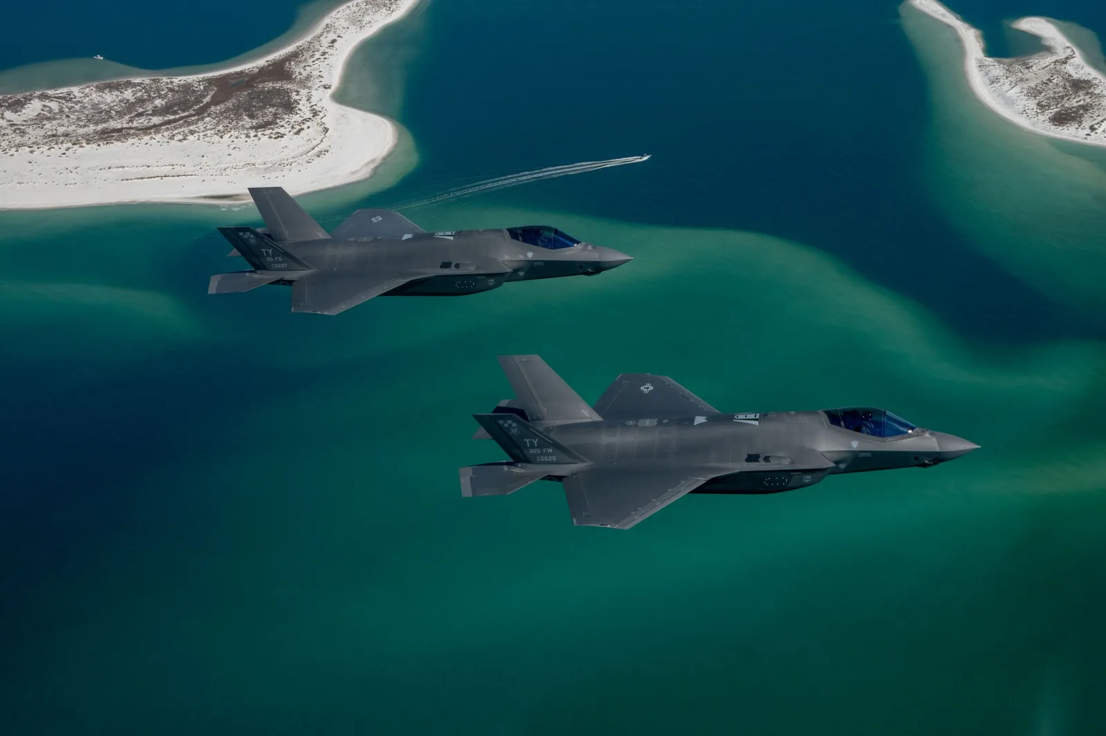 Two U.S. Air Force F-35A fighters over the Gulf of Mexico.