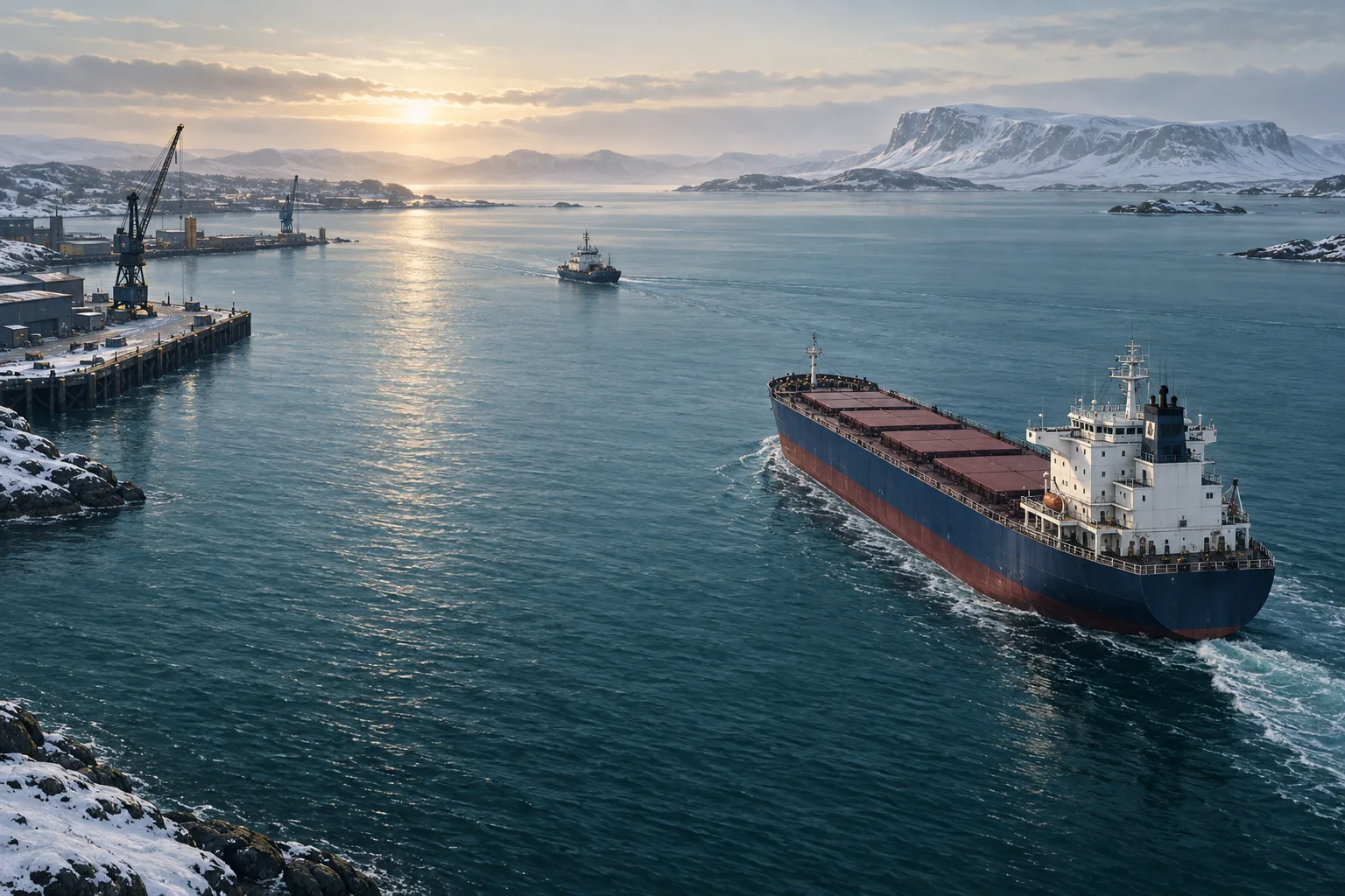 Original illustration of commercial vessels moving through a northern harbour.