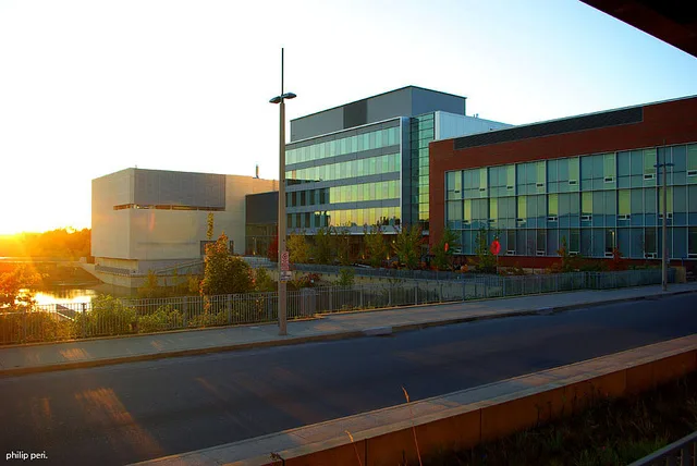 Exterior of the Automotive Centre of Excellence at Ontario Tech University, with glass-fronted buildings beside a road at sunset.