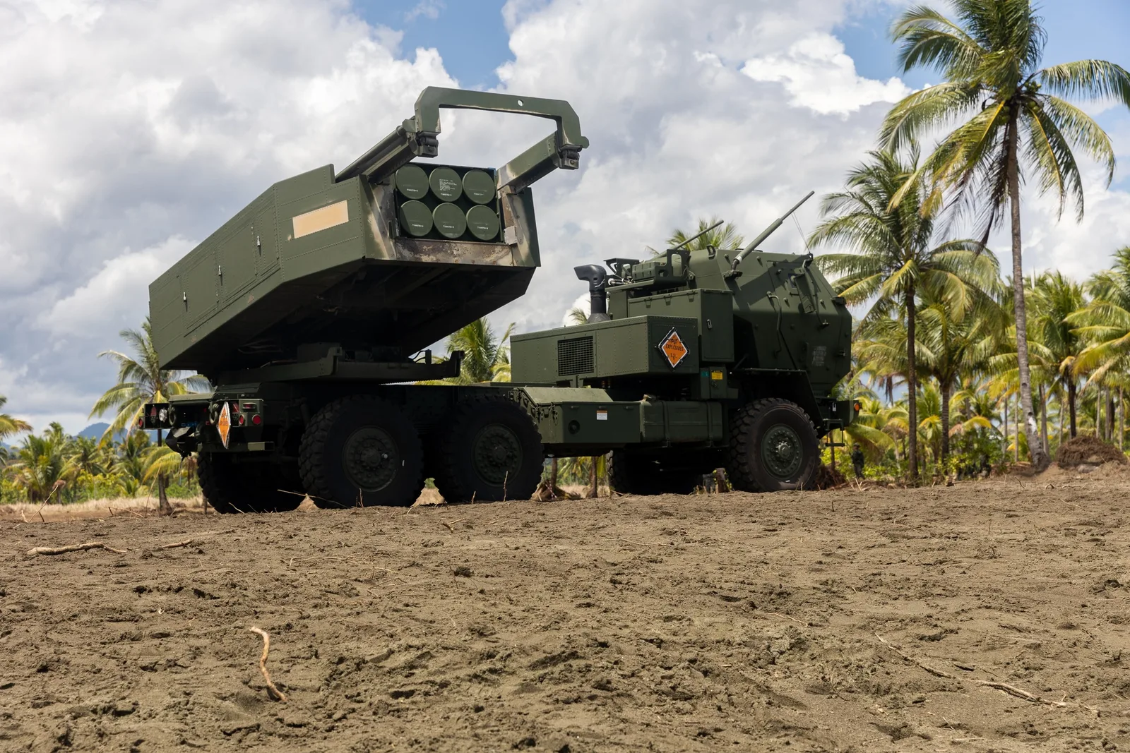 A U.S. Army HIMARS with its launch pod raised during Exercise Balikatan.
