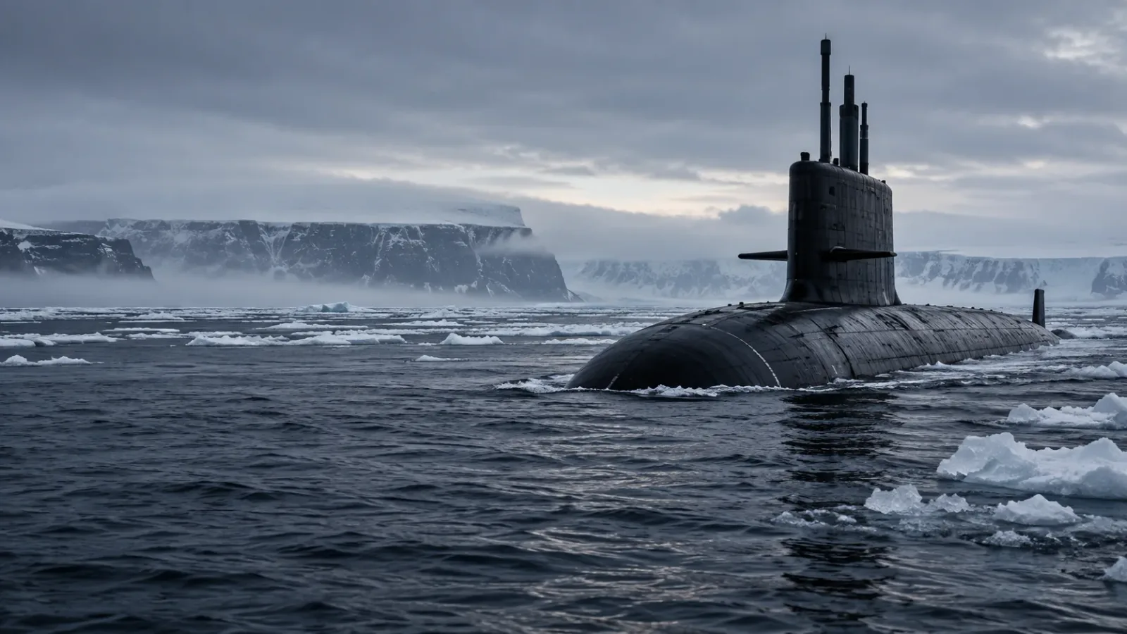 Original illustration of a submarine in Arctic waters.