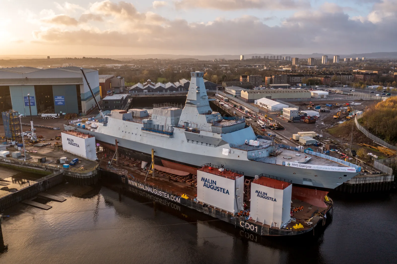 HMS Glasgow, a UK Type 26 frigate, on its launch barge at Govan.
