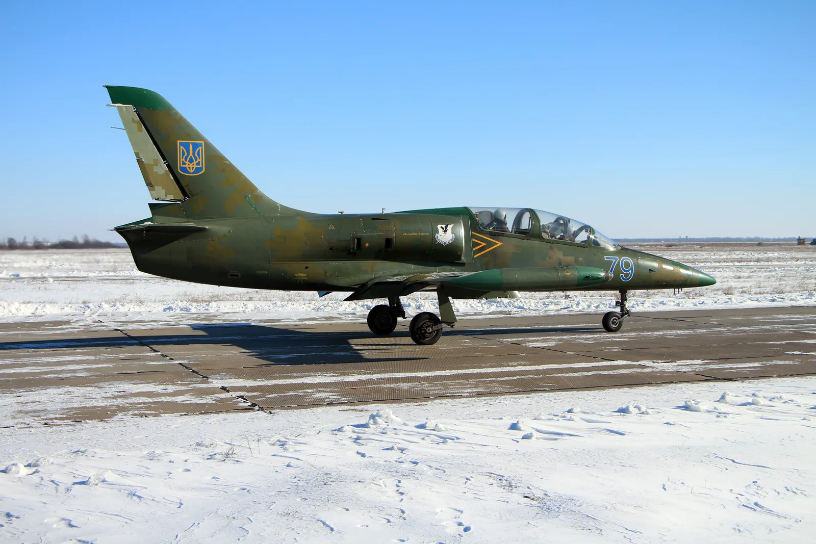 Ukrainian Air Force L-39 jet trainer in digital camouflage on an airfield.